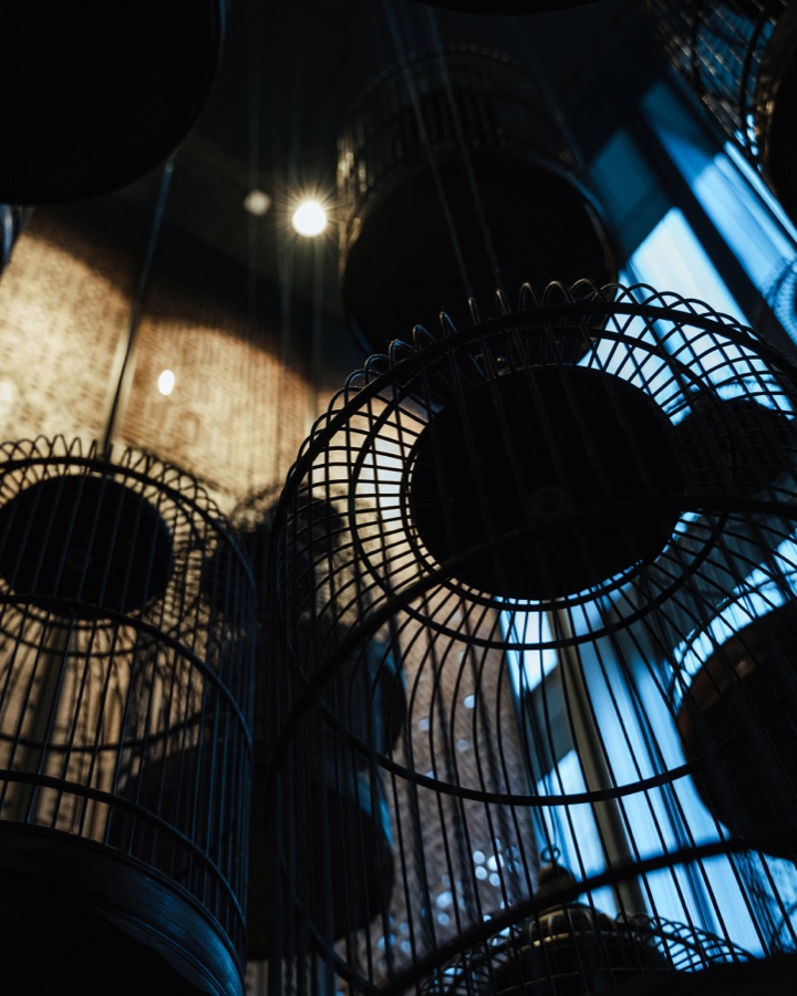Woven pendant lamps on the ceiling